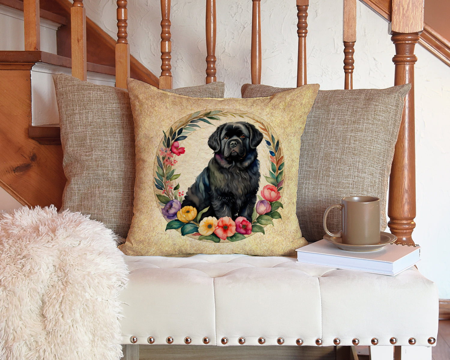 Newfoundland and Flowers Fabric Decorative Pillow