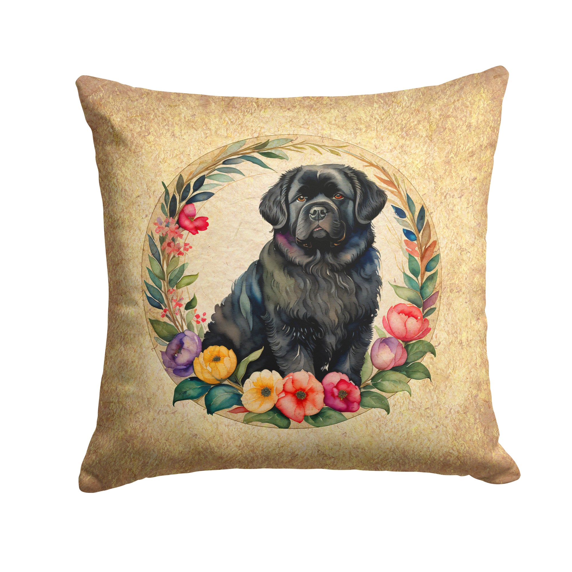 Buy this Newfoundland and Flowers Fabric Decorative Pillow