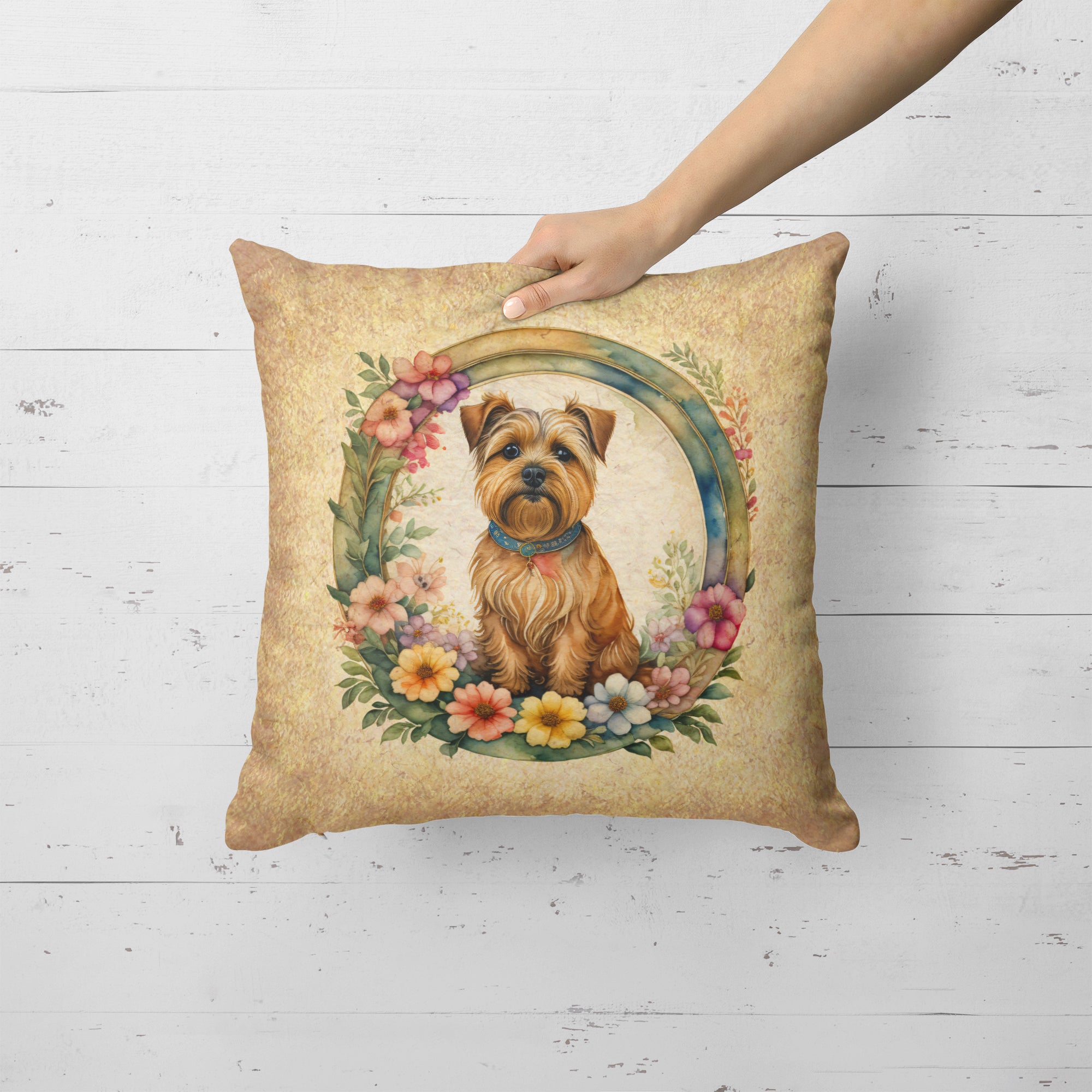 Norfolk Terrier and Flowers Fabric Decorative Pillow