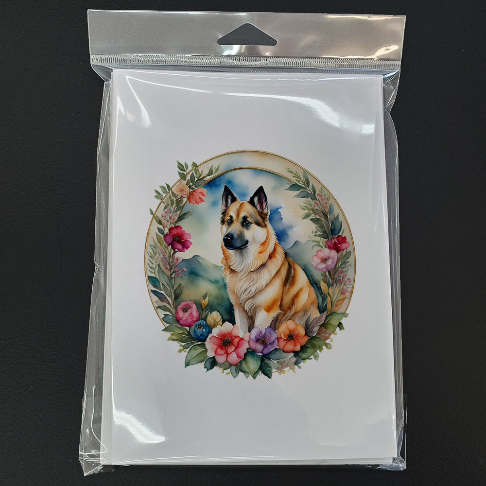 Norwegian Buhund and Flowers Greeting Cards and Envelopes Pack of 8