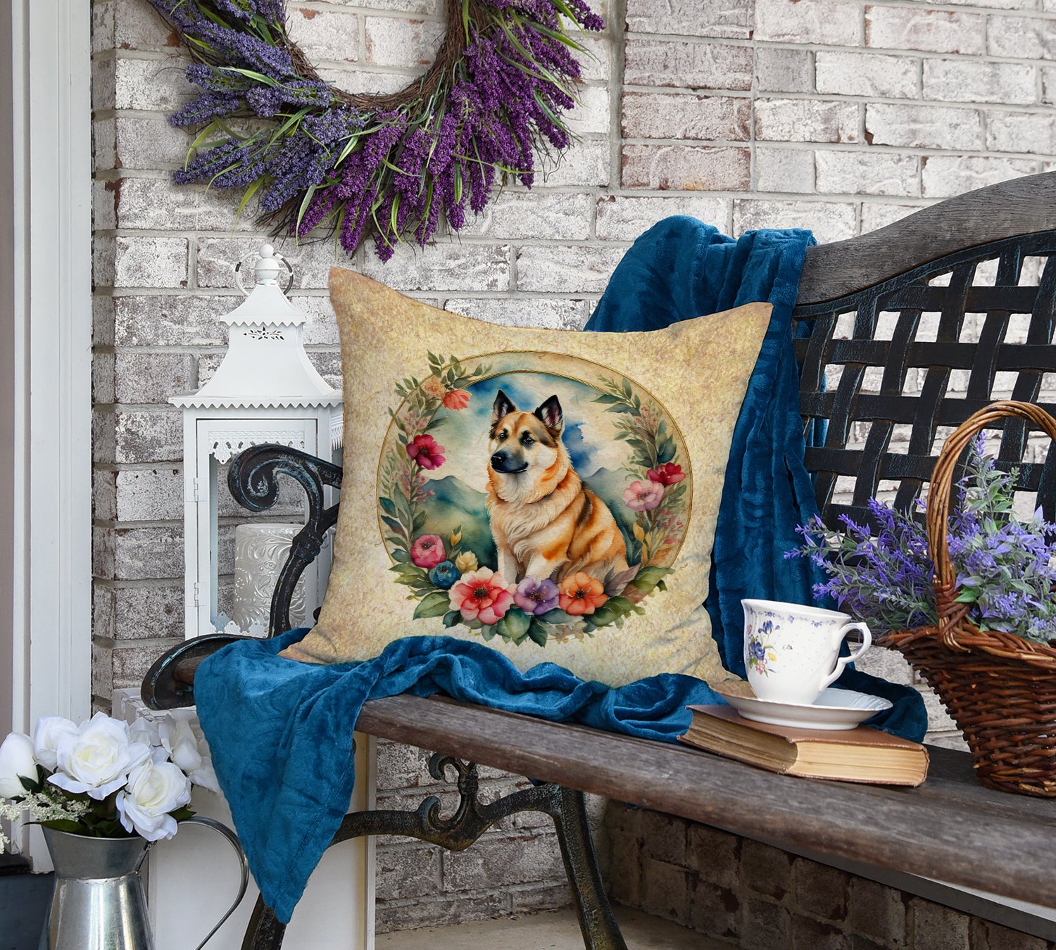 Norwegian Buhund and Flowers Fabric Decorative Pillow
