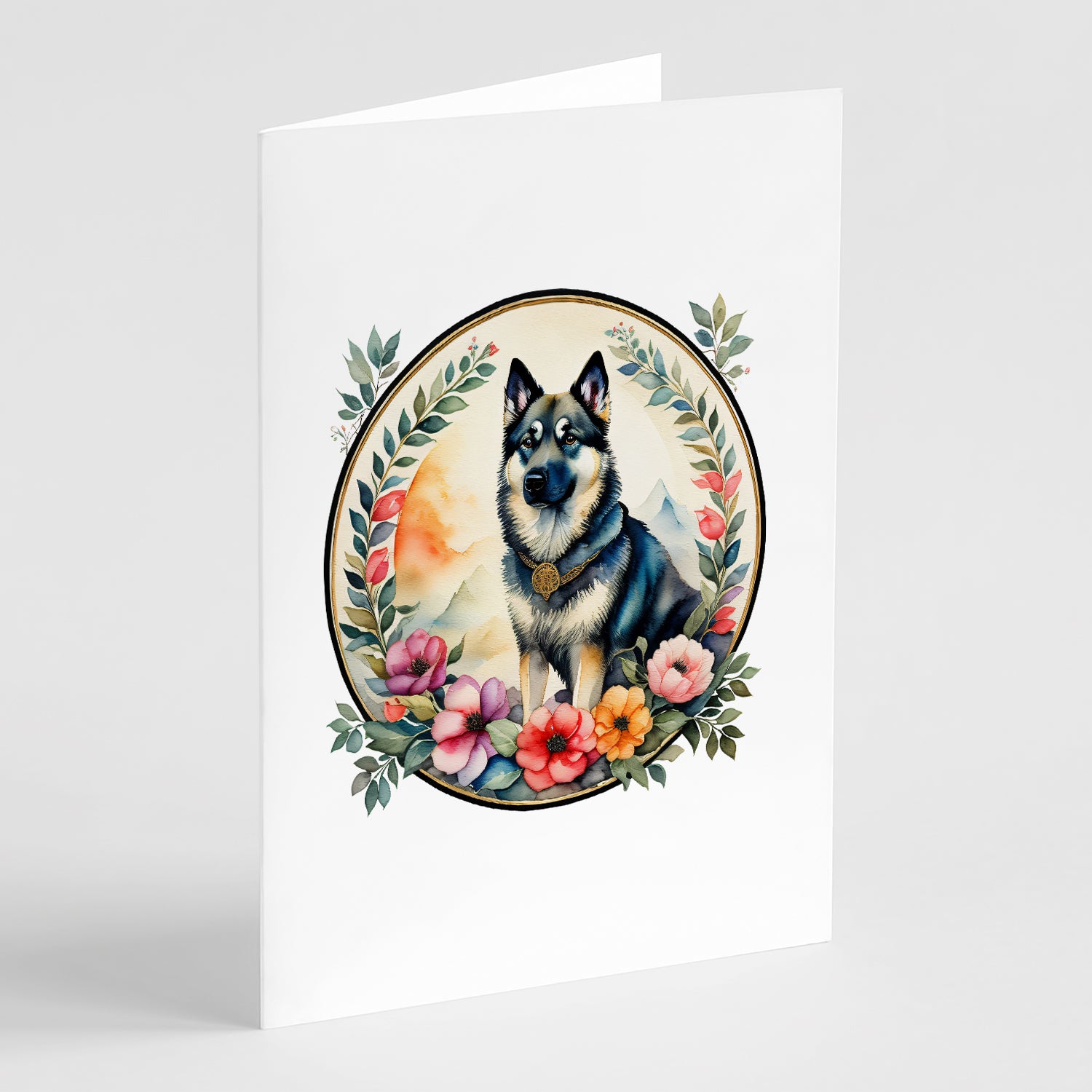 Buy this Norwegian Elkhound and Flowers Greeting Cards and Envelopes Pack of 8