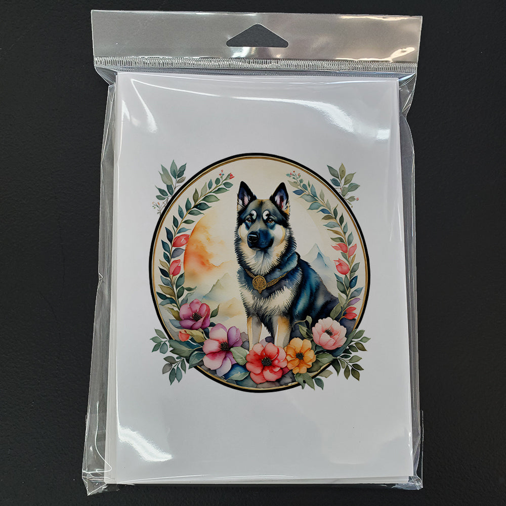 Norwegian Elkhound and Flowers Greeting Cards and Envelopes Pack of 8