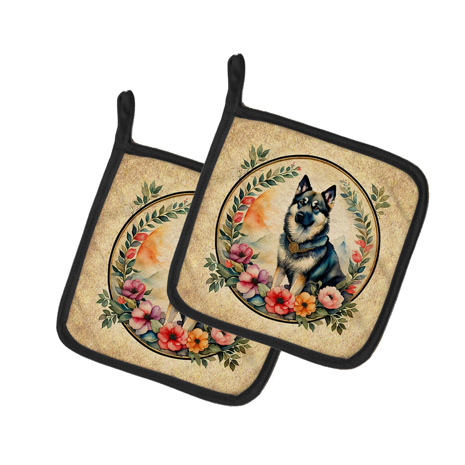 Buy this Norwegian Elkhound and Flowers Pair of Pot Holders
