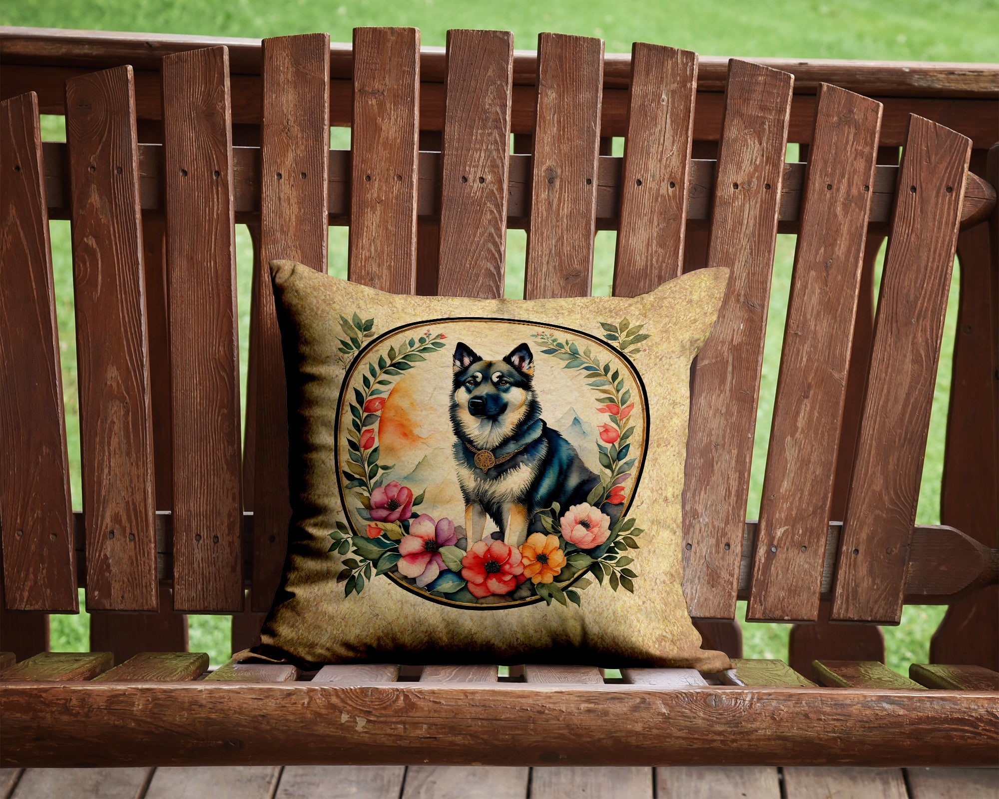 Buy this Norwegian Elkhound and Flowers Fabric Decorative Pillow