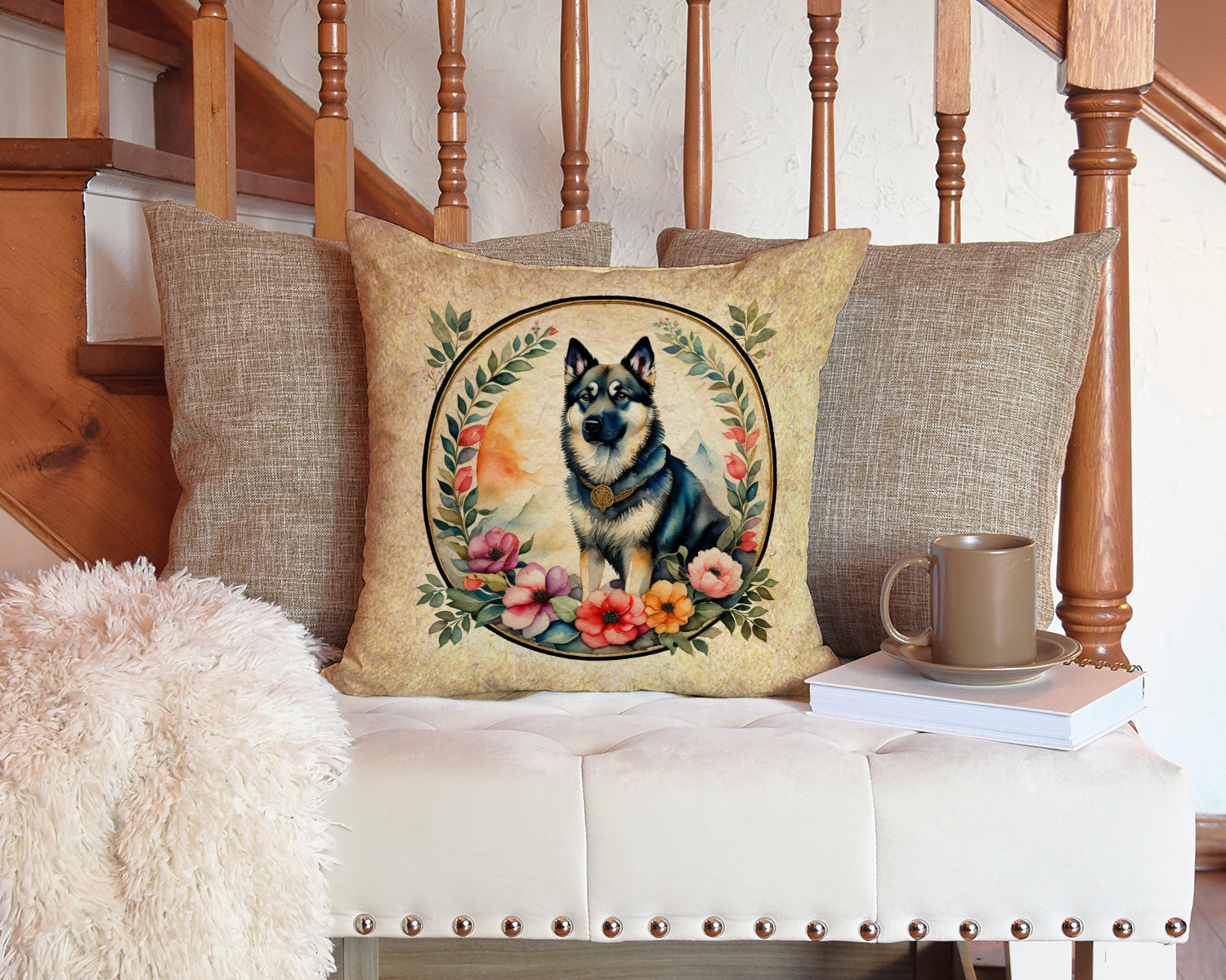 Norwegian Elkhound and Flowers Fabric Decorative Pillow