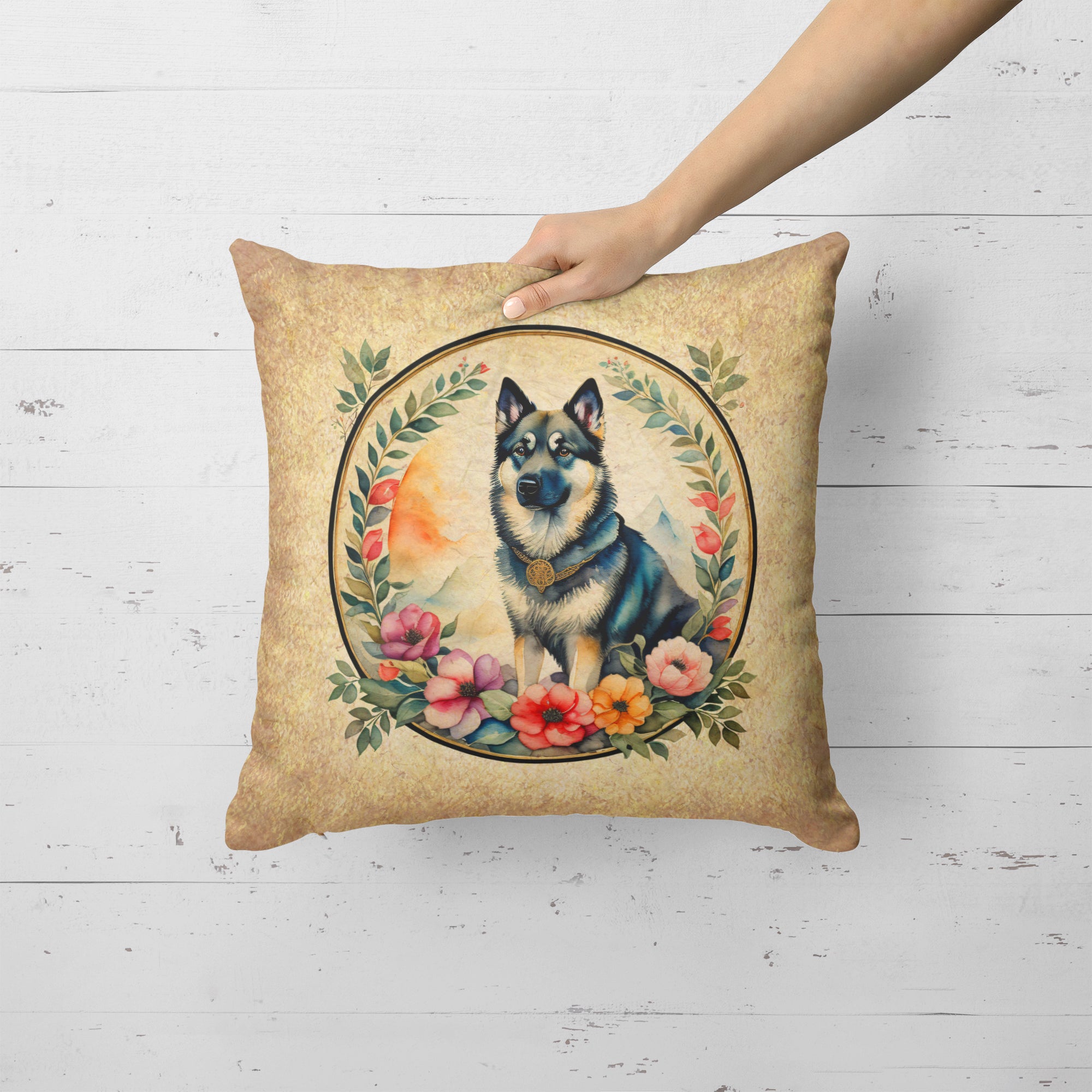 Norwegian Elkhound and Flowers Fabric Decorative Pillow