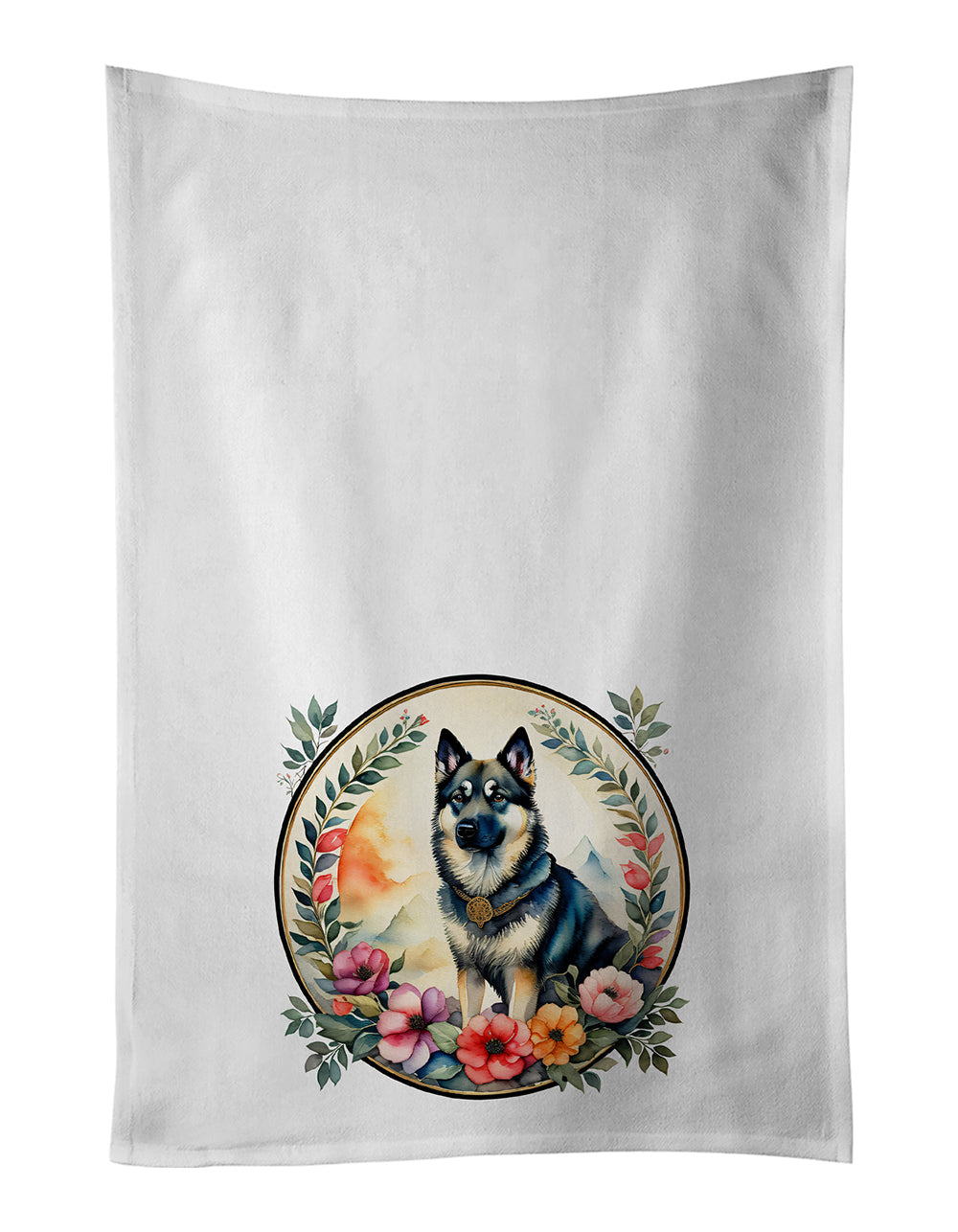 Buy this Norwegian Elkhound and Flowers Kitchen Towel Set of 2