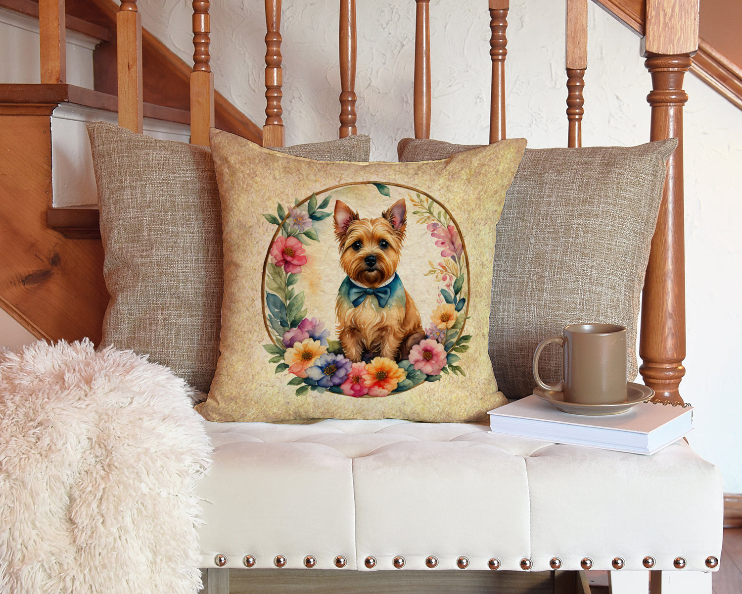 Norwich Terrier and Flowers Fabric Decorative Pillow