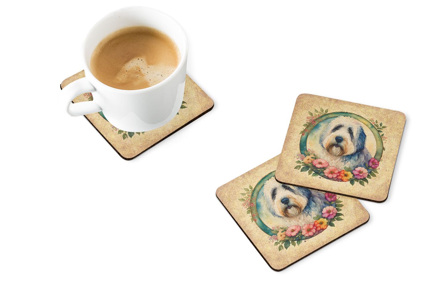 Old English Sheepdog and Flowers Foam Coasters