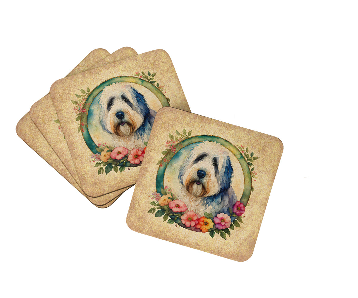 Buy this Old English Sheepdog and Flowers Foam Coasters