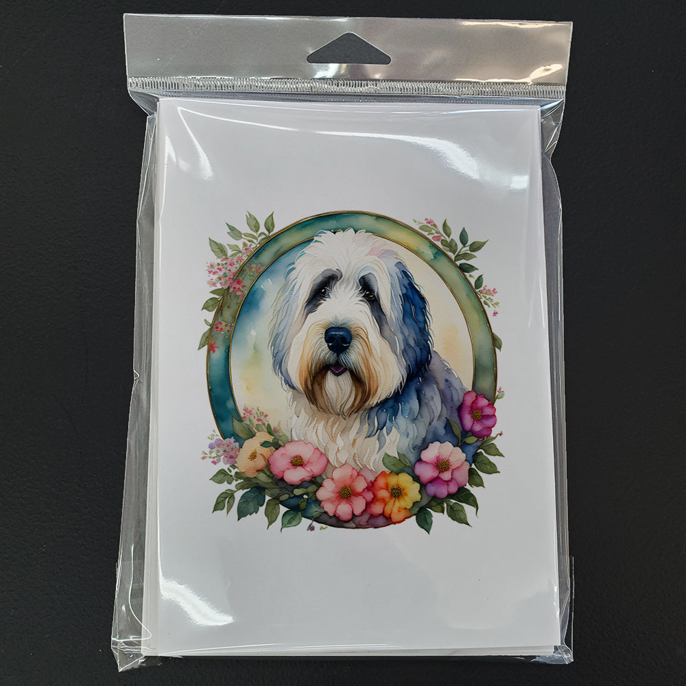 Old English Sheepdog and Flowers Greeting Cards and Envelopes Pack of 8