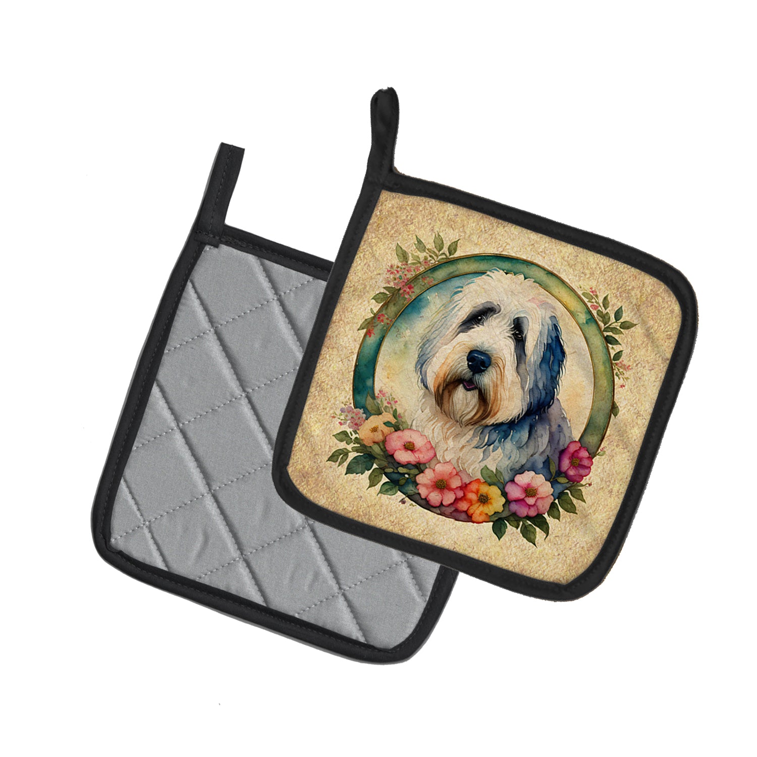 Old English Sheepdog and Flowers Pair of Pot Holders