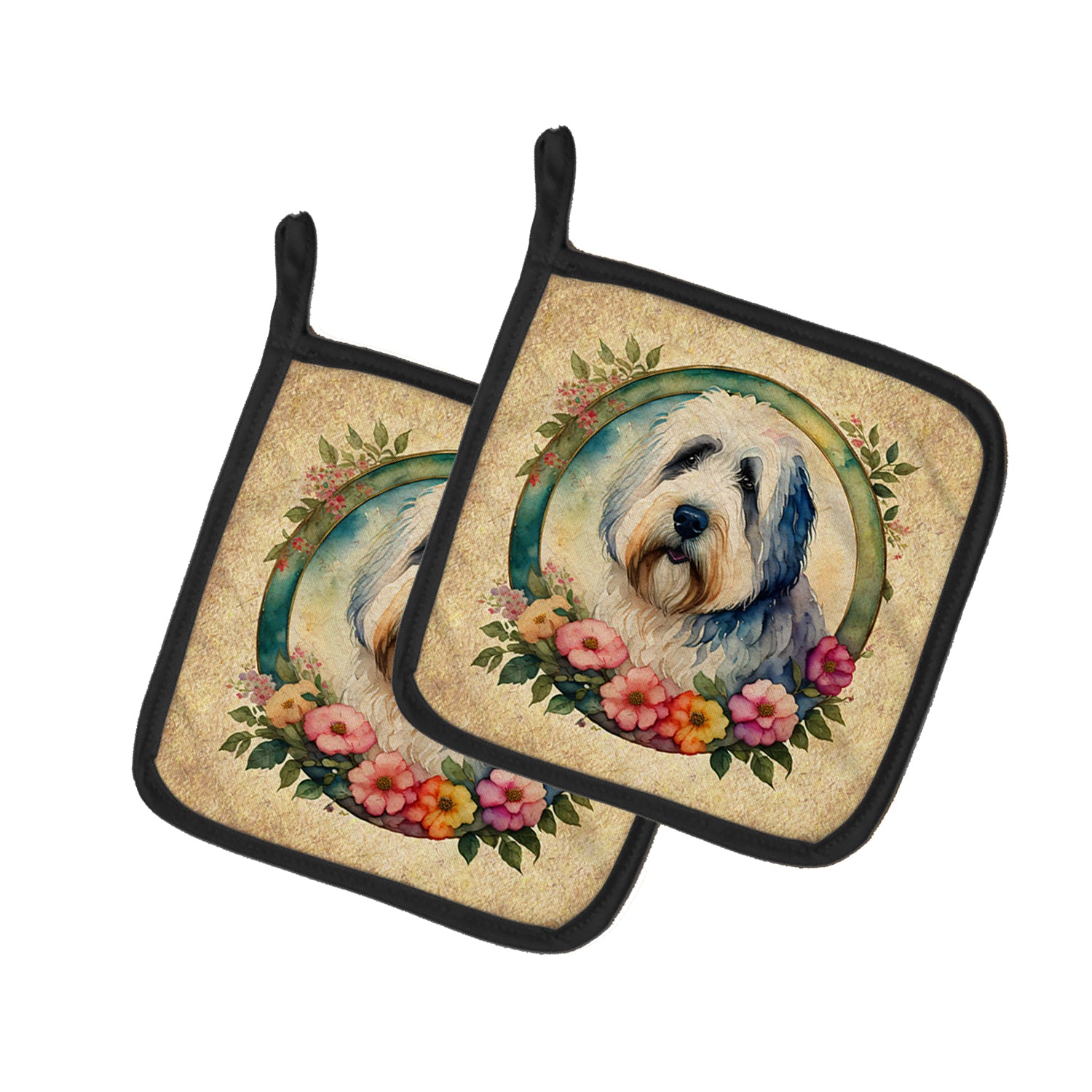 Buy this Old English Sheepdog and Flowers Pair of Pot Holders