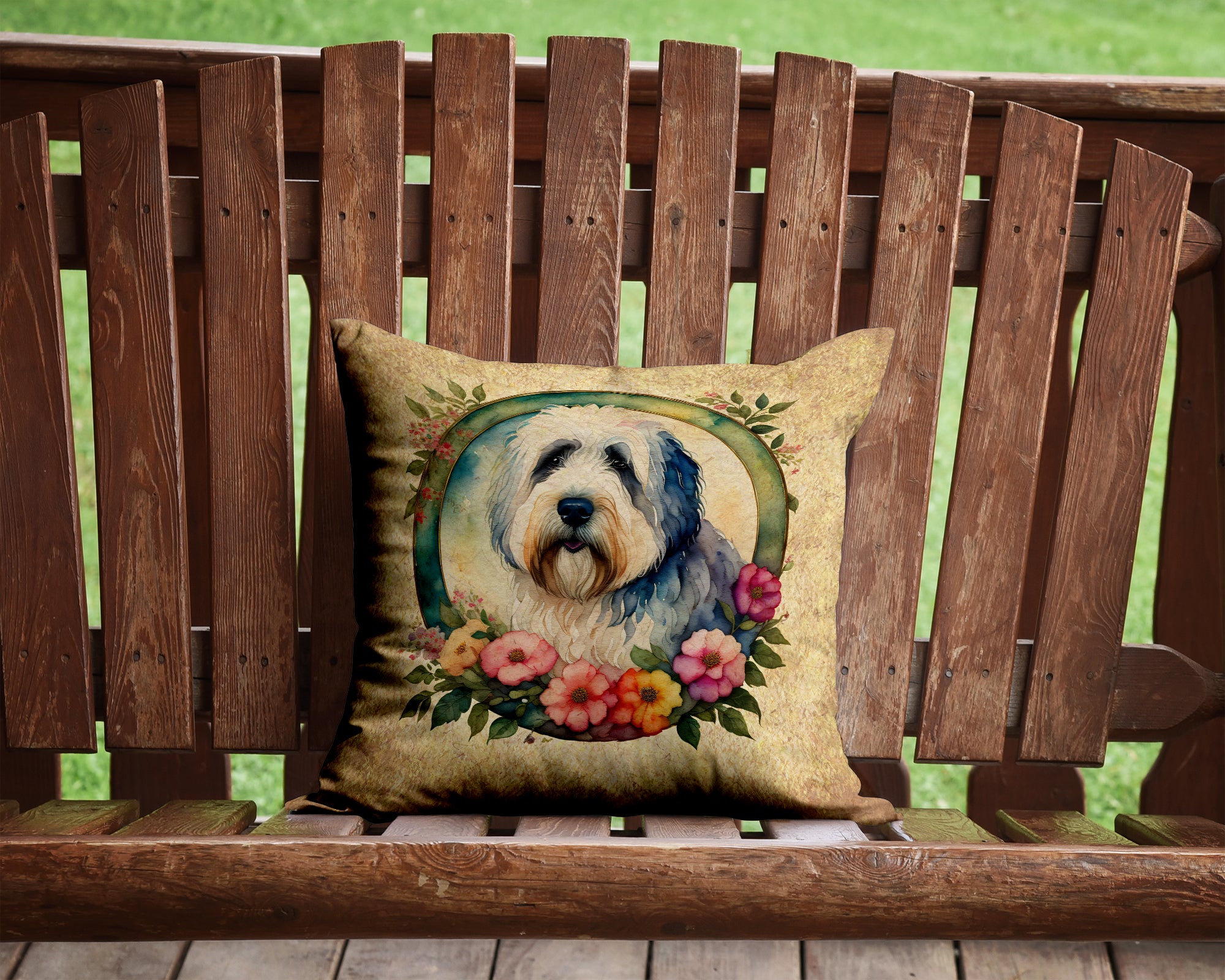 Old English Sheepdog and Flowers Fabric Decorative Pillow