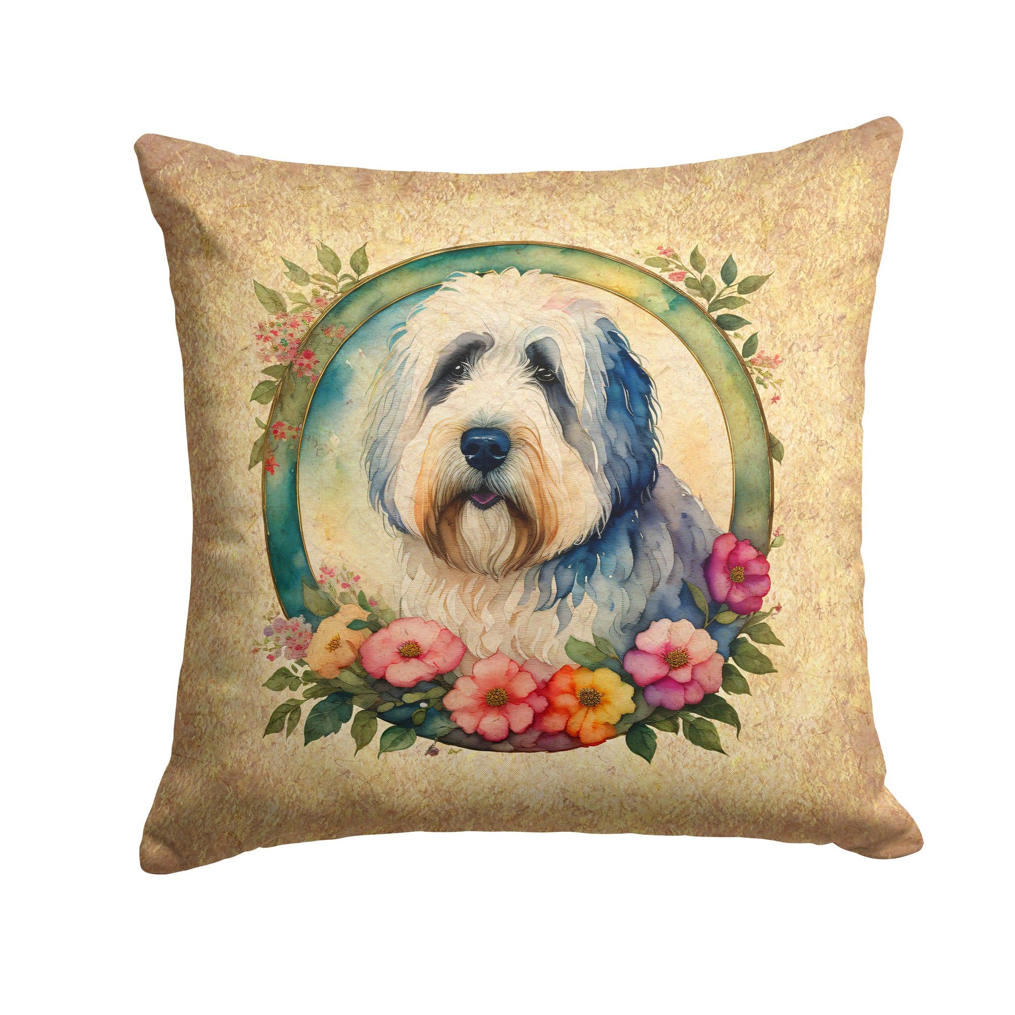 Buy this Old English Sheepdog and Flowers Fabric Decorative Pillow