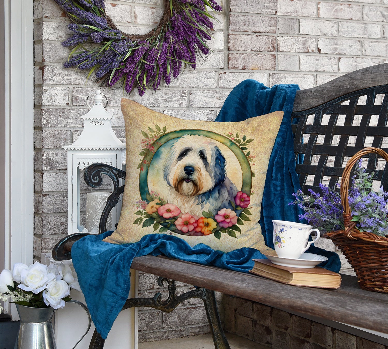 Old English Sheepdog and Flowers Fabric Decorative Pillow