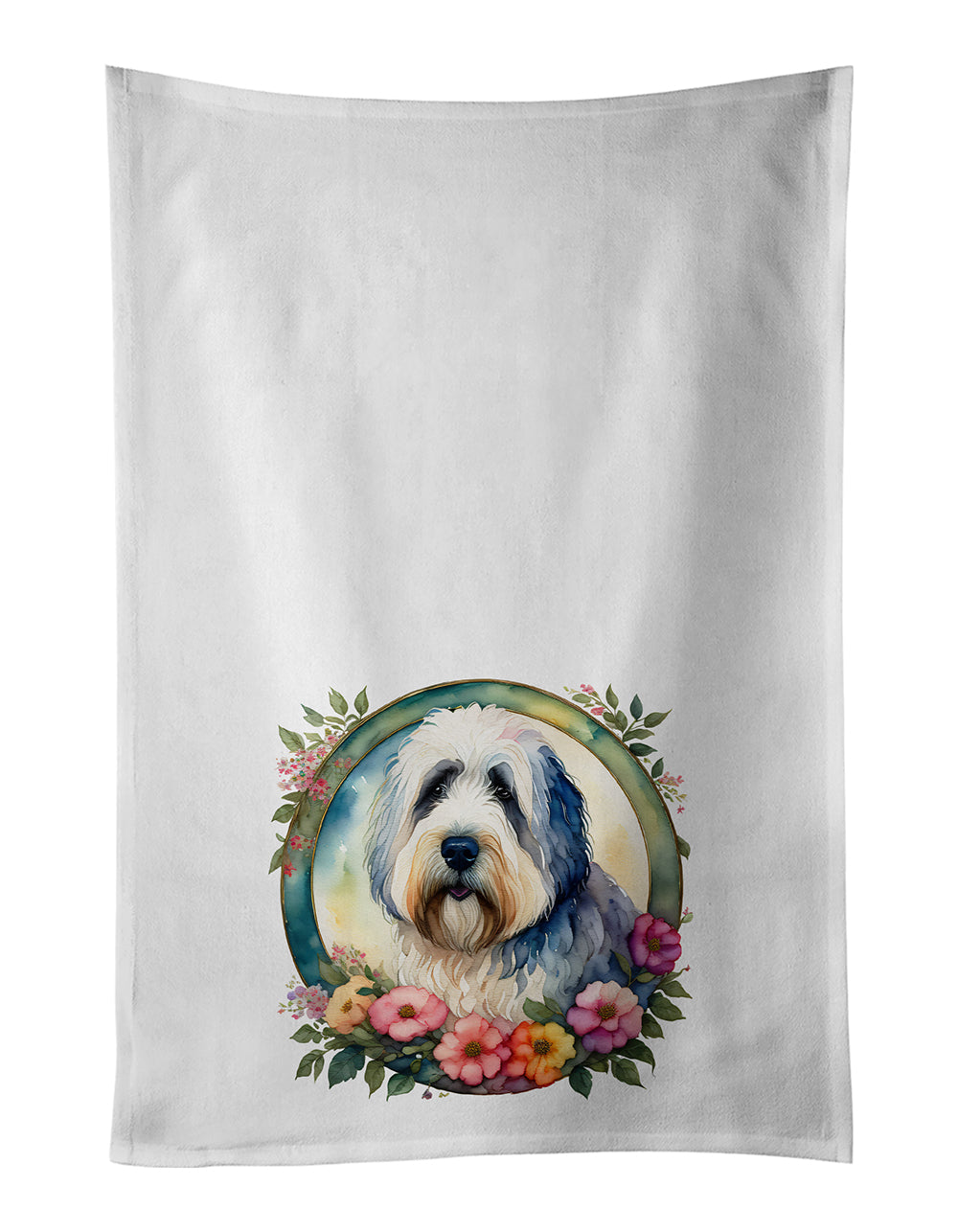 Buy this Old English Sheepdog and Flowers Kitchen Towel Set of 2