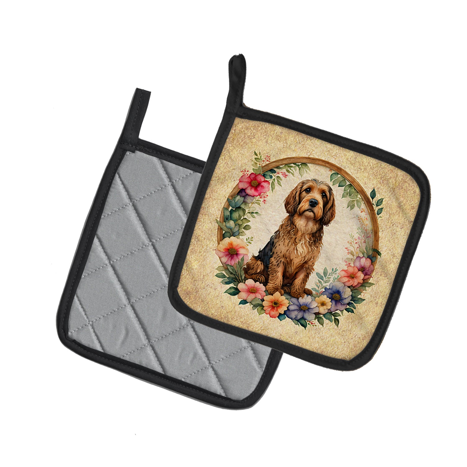 Otterhound and Flowers Pair of Pot Holders
