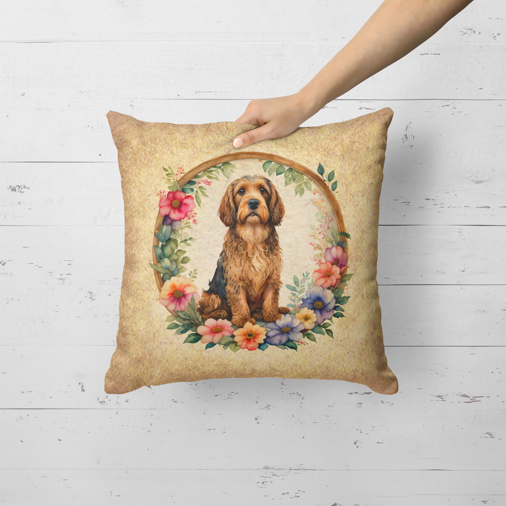 Otterhound and Flowers Fabric Decorative Pillow