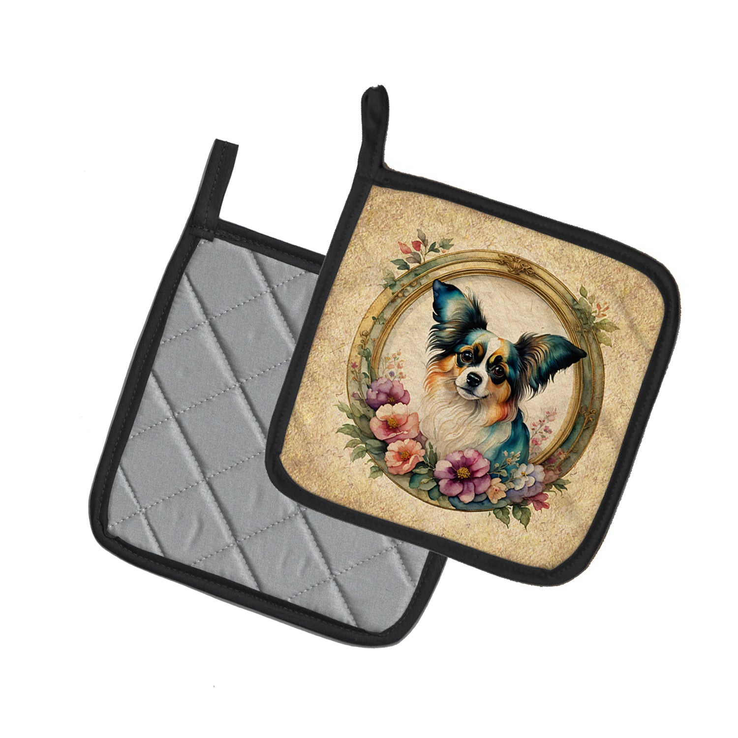 Buy this Papillon and Flowers Pair of Pot Holders