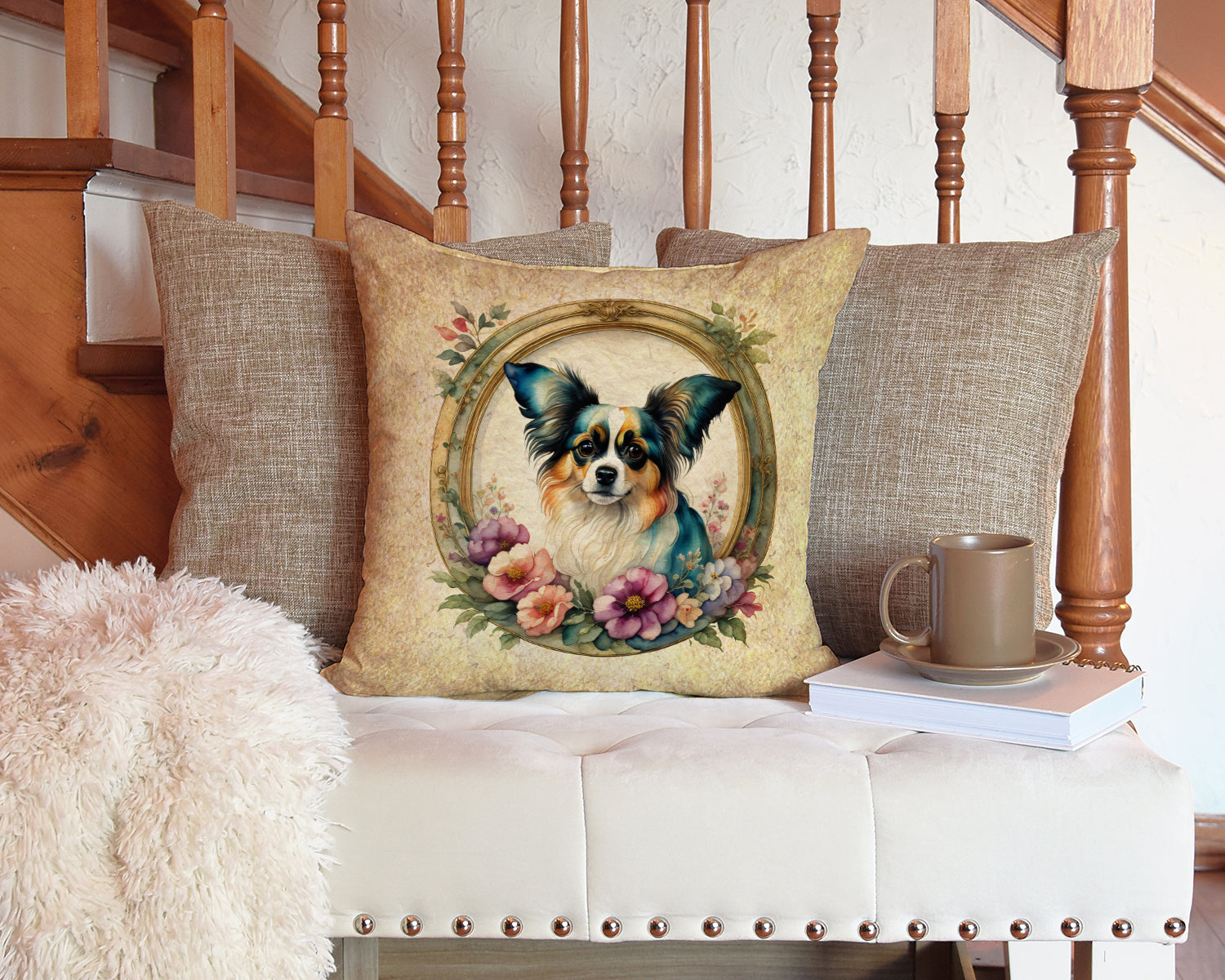 Papillon and Flowers Fabric Decorative Pillow