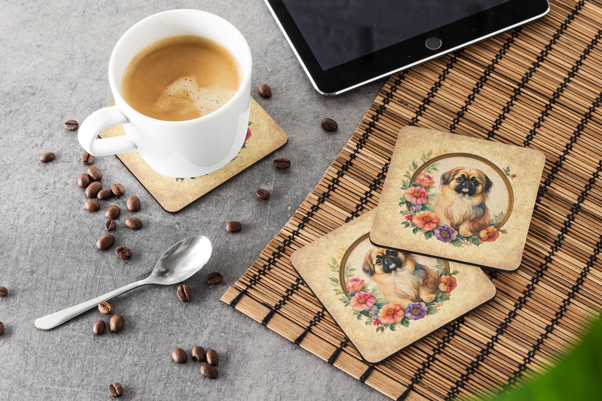 Pekingese and Flowers Foam Coasters