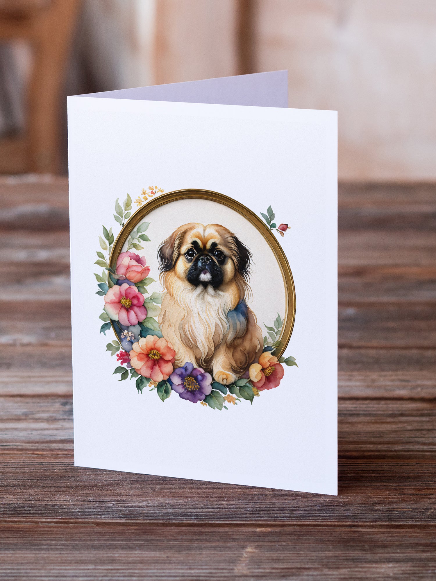 Pekingese and Flowers Greeting Cards and Envelopes Pack of 8