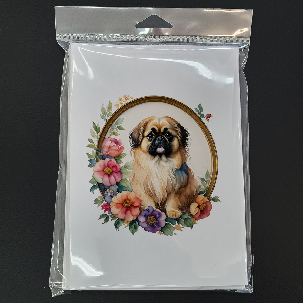 Pekingese and Flowers Greeting Cards and Envelopes Pack of 8