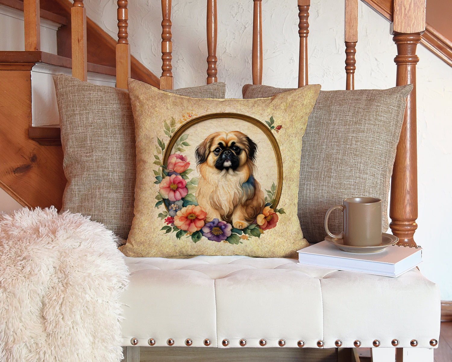 Pekingese and Flowers Fabric Decorative Pillow
