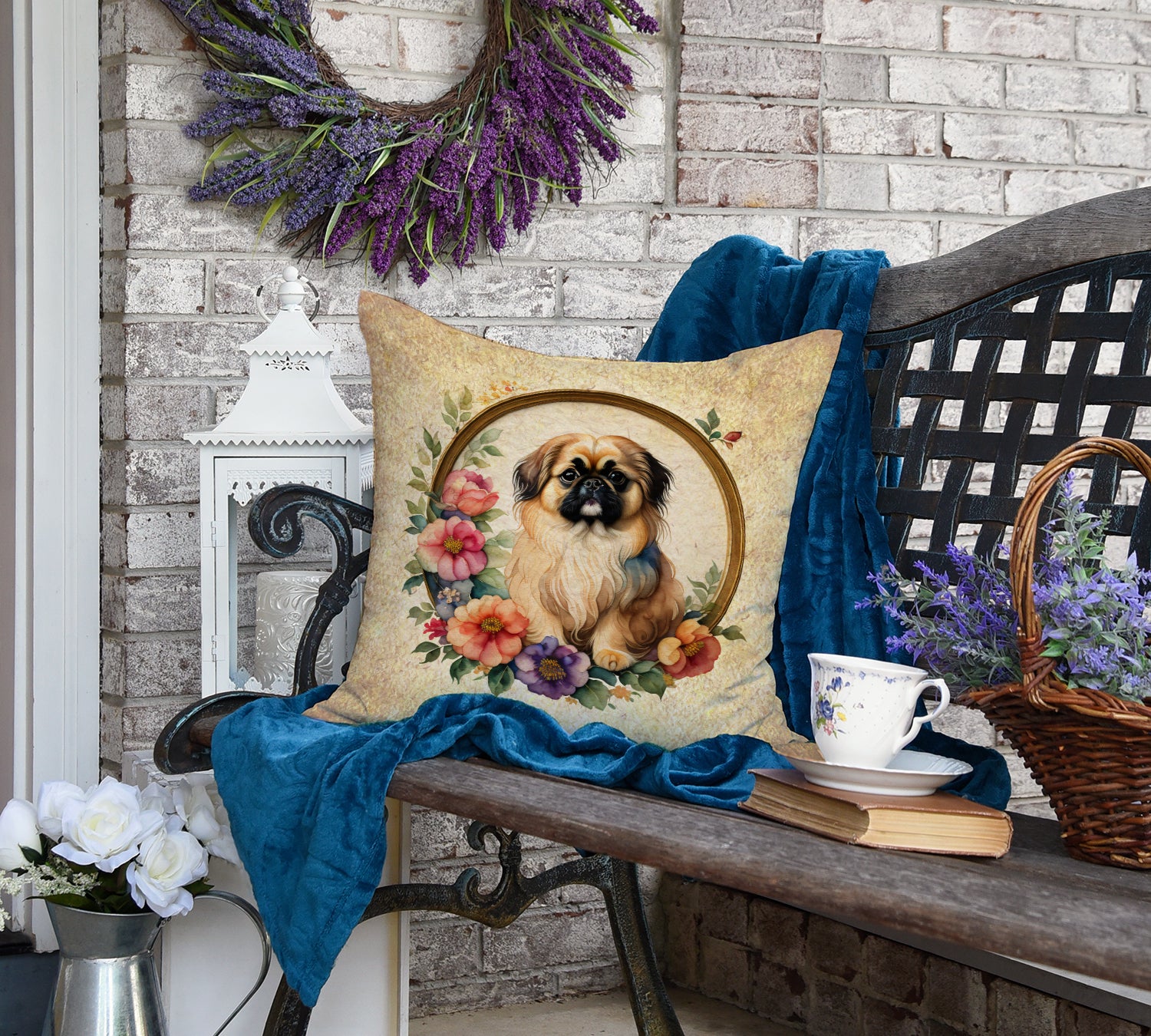 Pekingese and Flowers Fabric Decorative Pillow