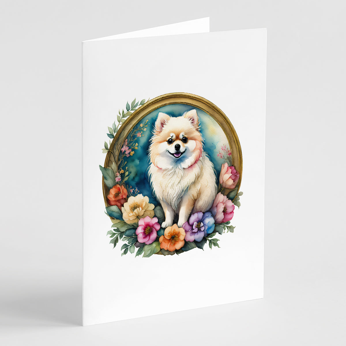 Buy this Pomeranian and Flowers Greeting Cards and Envelopes Pack of 8