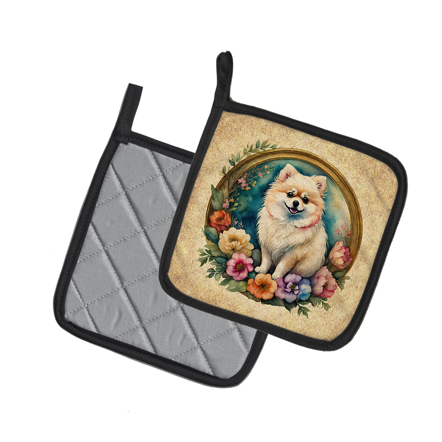Pomeranian and Flowers Pair of Pot Holders