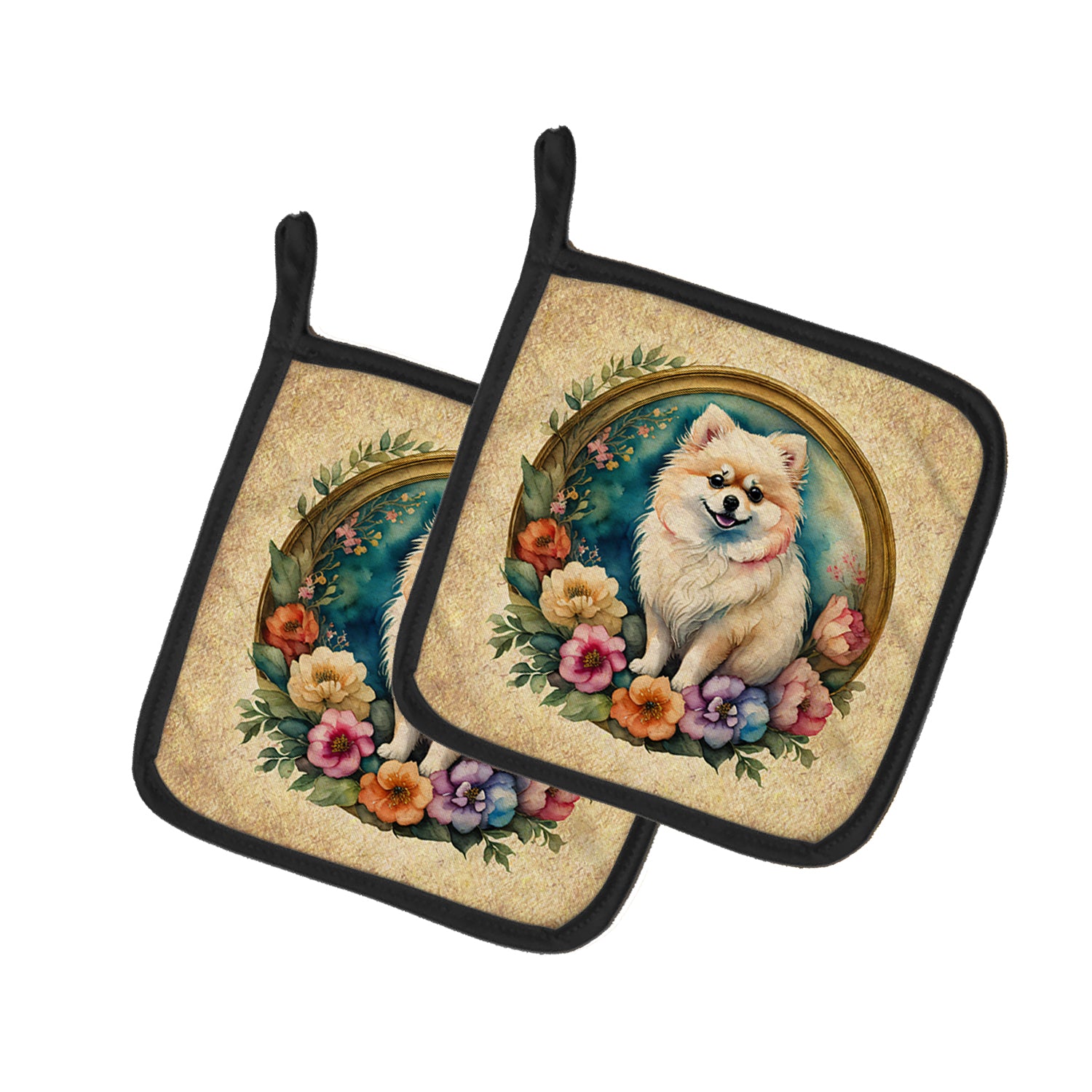 Buy this Pomeranian and Flowers Pair of Pot Holders