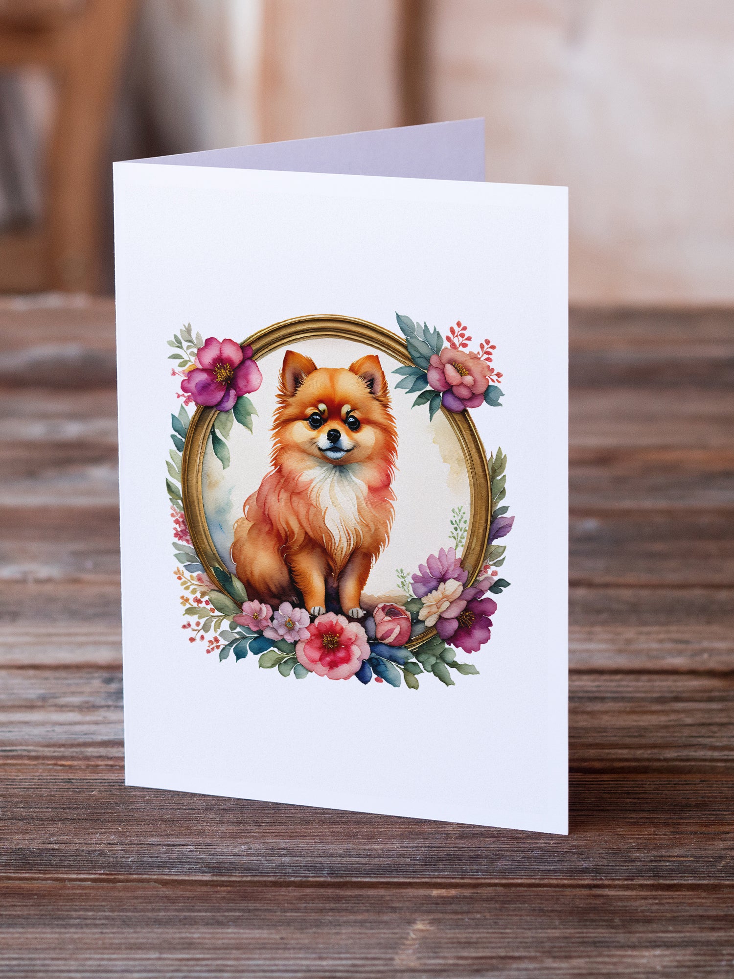 Pomeranian and Flowers Greeting Cards and Envelopes Pack of 8