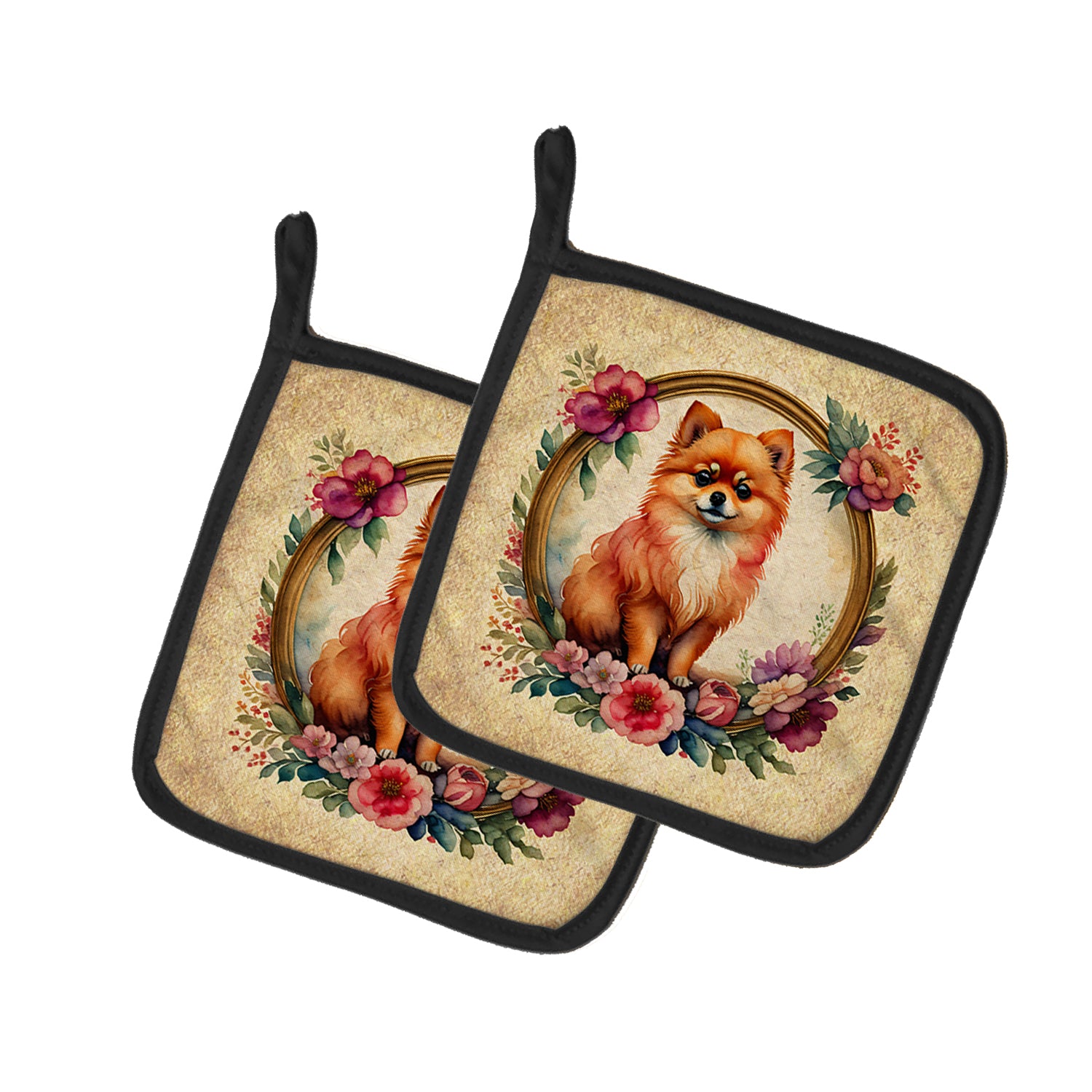 Buy this Pomeranian and Flowers Pair of Pot Holders