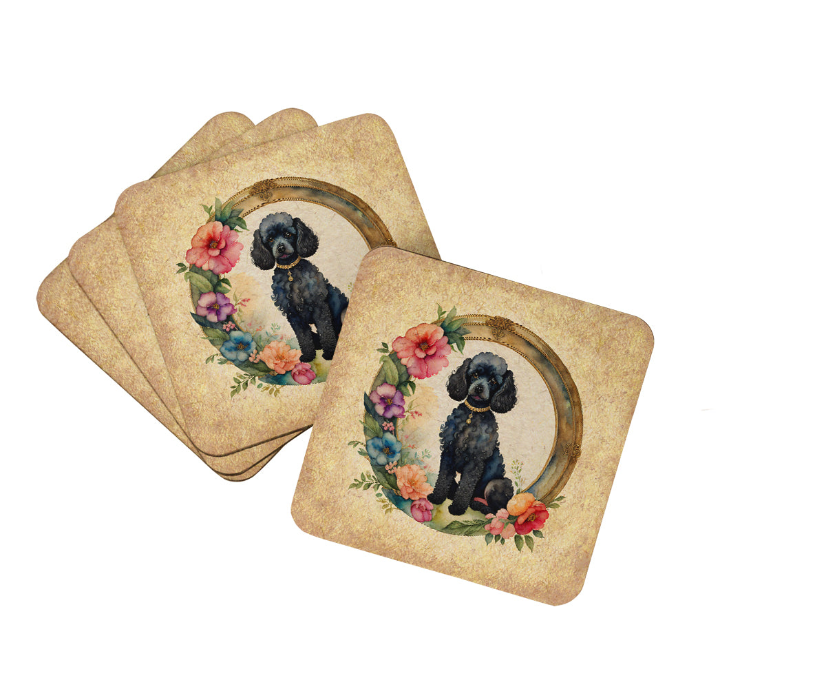 Buy this Black Poodle and Flowers Foam Coasters