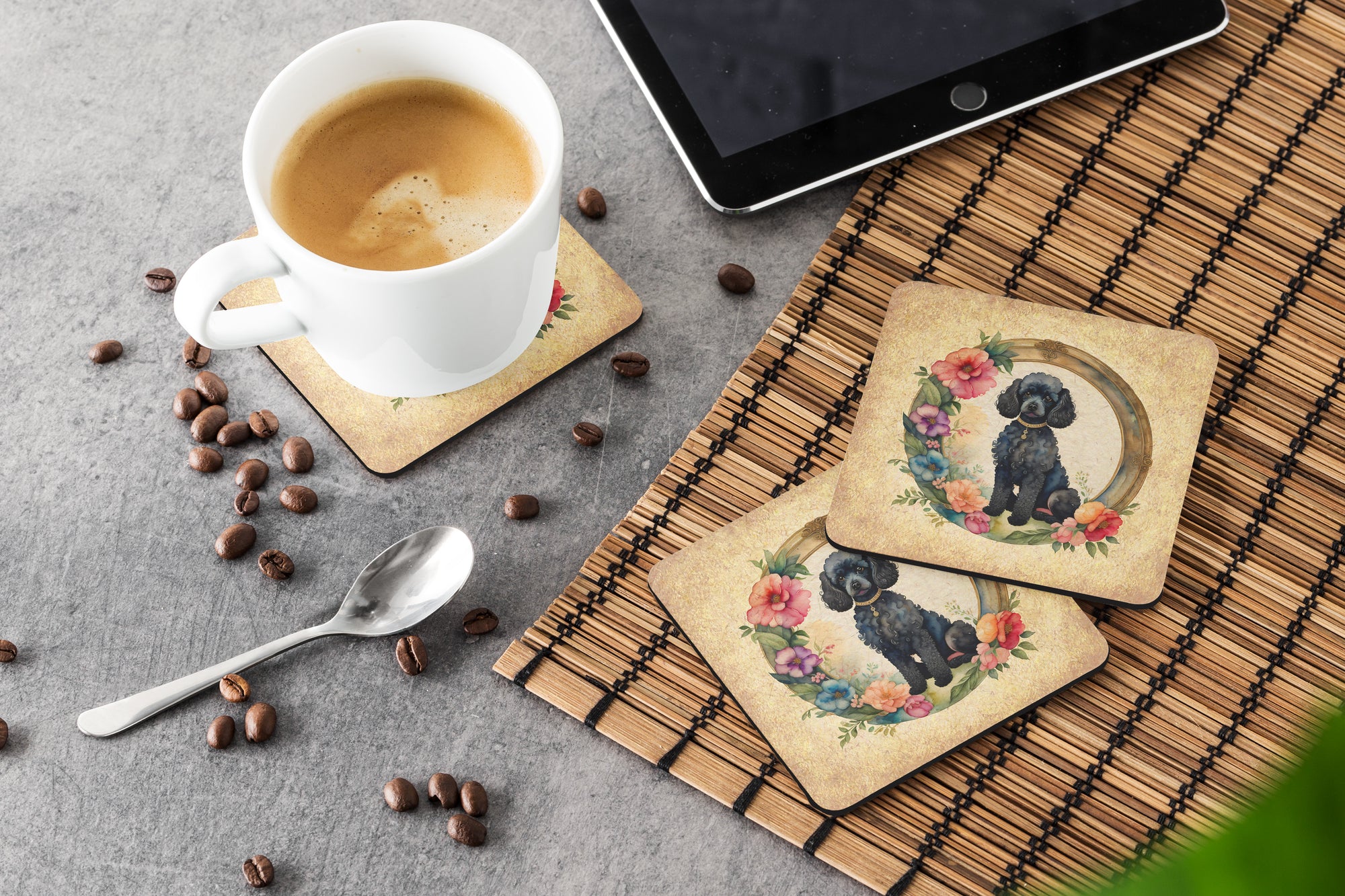 Black Poodle and Flowers Foam Coasters