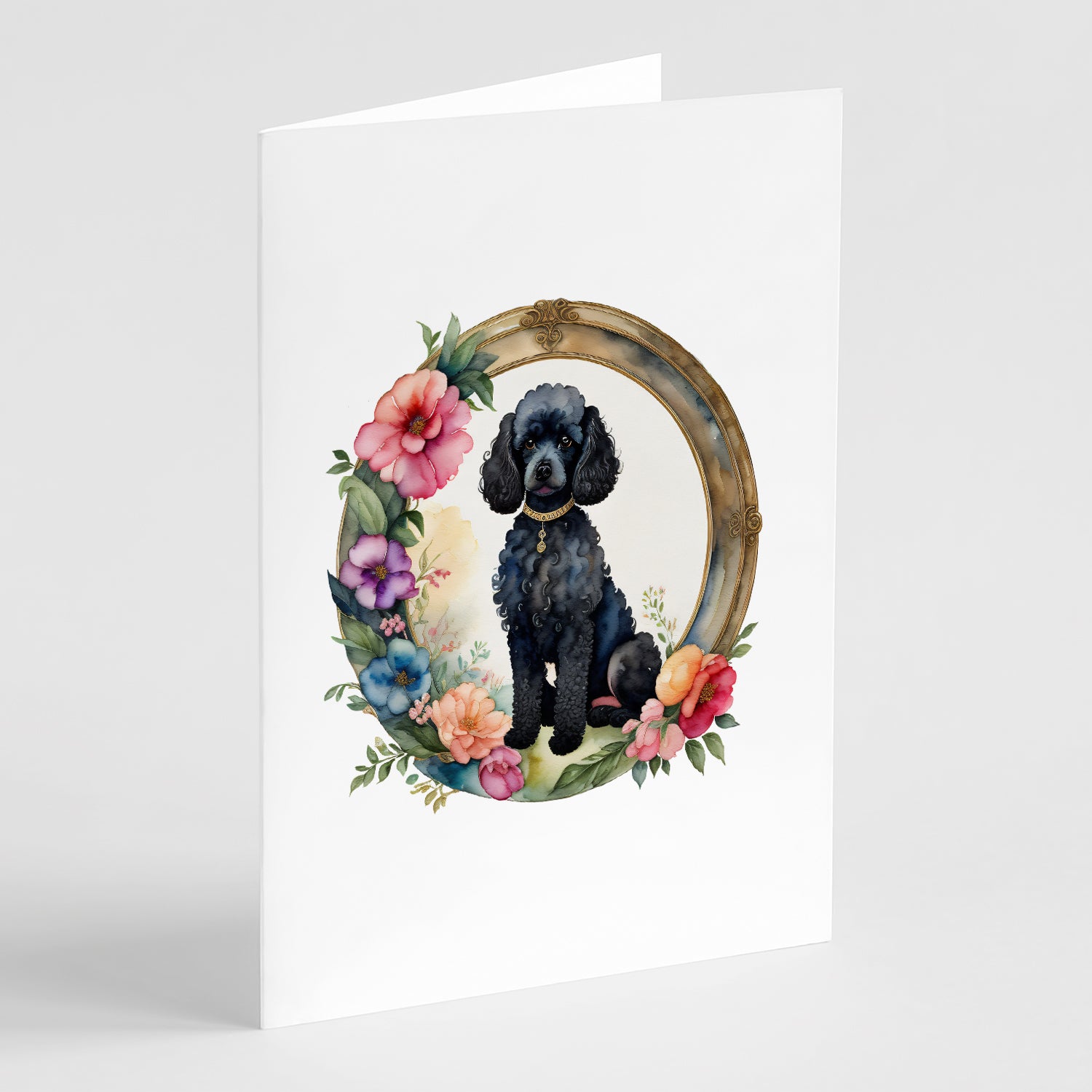 Buy this Black Poodle and Flowers Greeting Cards and Envelopes Pack of 8