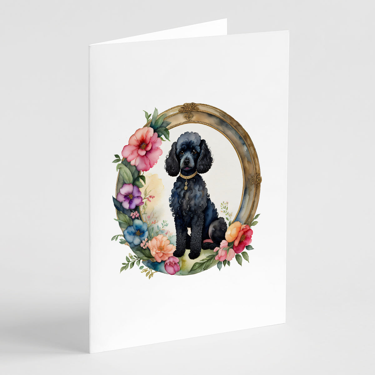 Buy this Black Poodle and Flowers Greeting Cards and Envelopes Pack of 8