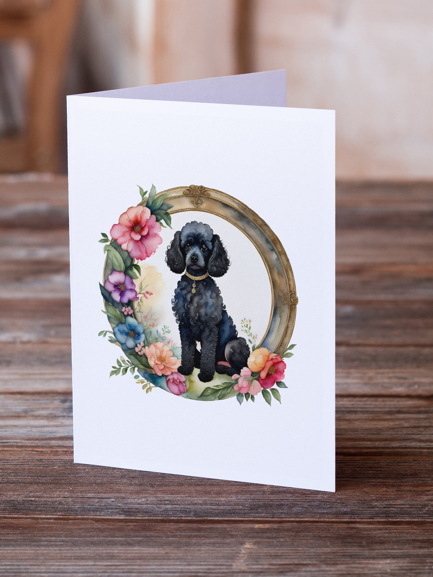 Black Poodle and Flowers Greeting Cards and Envelopes Pack of 8