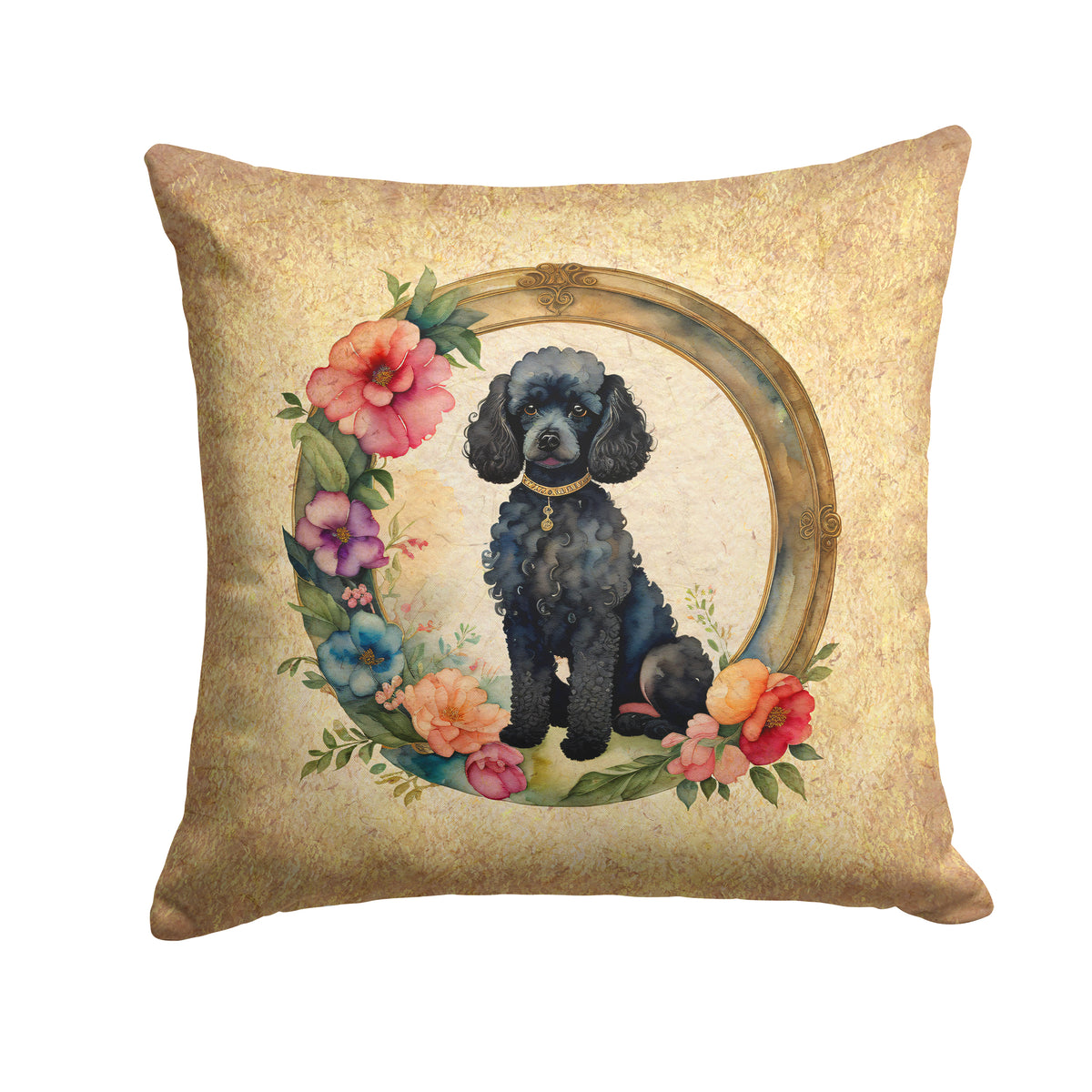 Buy this Black Poodle and Flowers Fabric Decorative Pillow