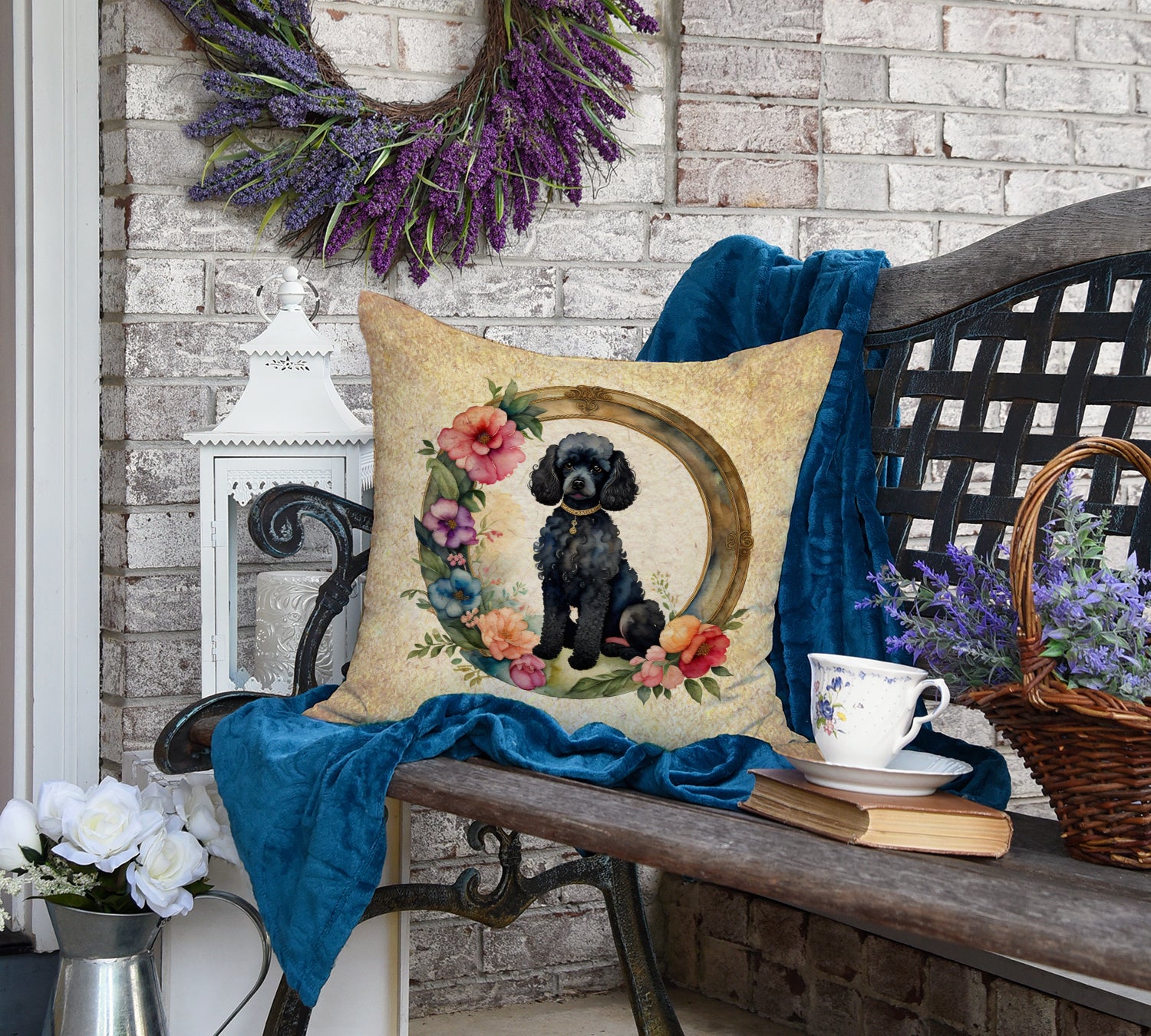 Black Poodle and Flowers Fabric Decorative Pillow