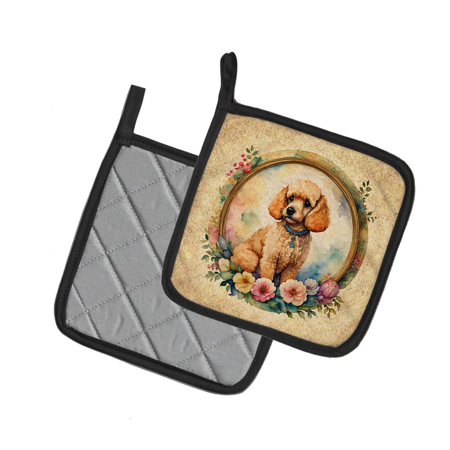 Poodle and Flowers Pair of Pot Holders