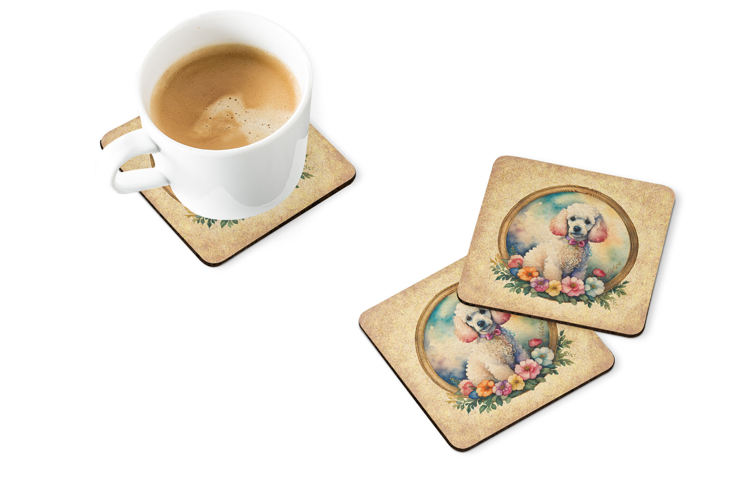 Buy this White Poodle and Flowers Foam Coasters