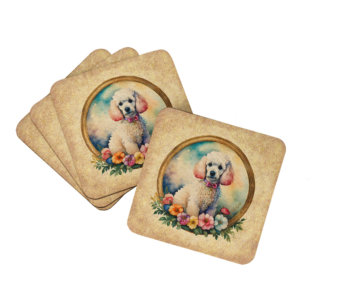 Buy this White Poodle and Flowers Foam Coasters