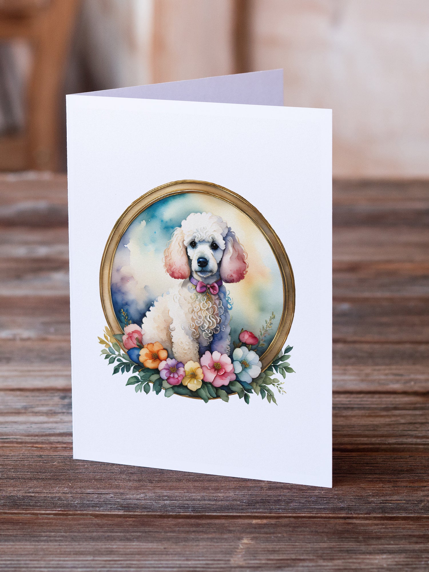 White Poodle and Flowers Greeting Cards and Envelopes Pack of 8