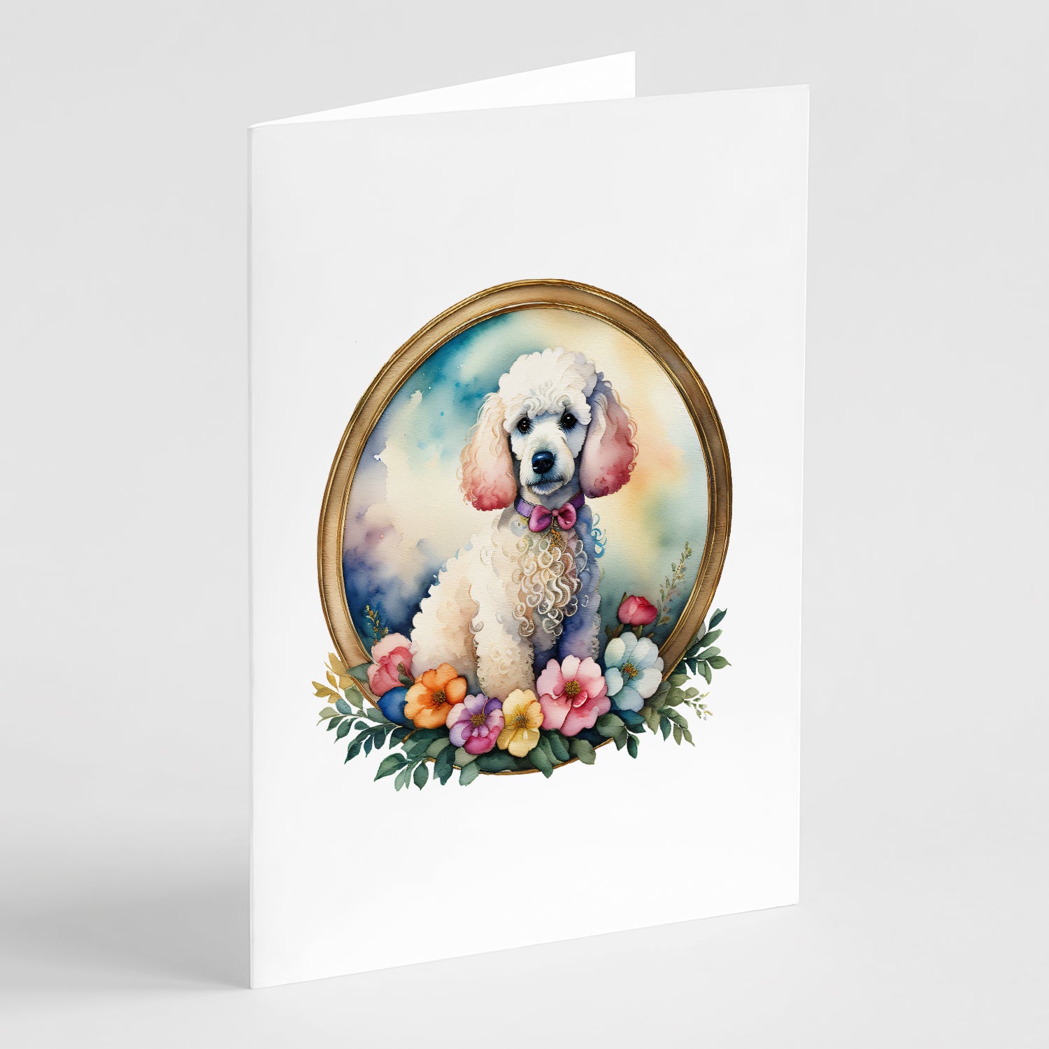 Buy this White Poodle and Flowers Greeting Cards and Envelopes Pack of 8