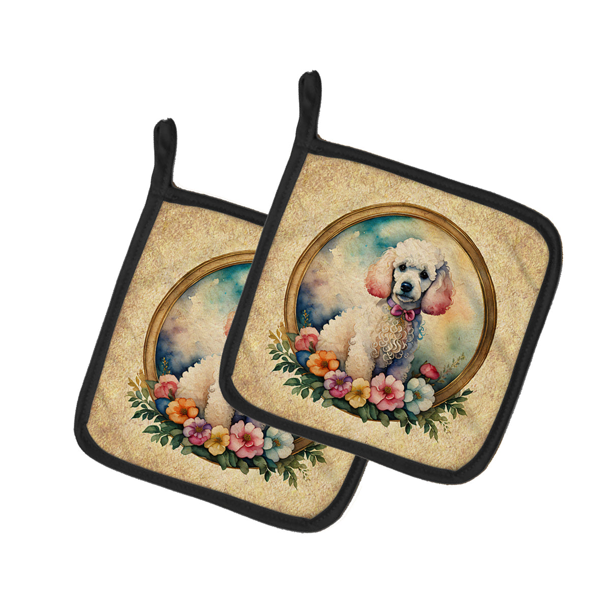 Buy this White Poodle and Flowers Pair of Pot Holders