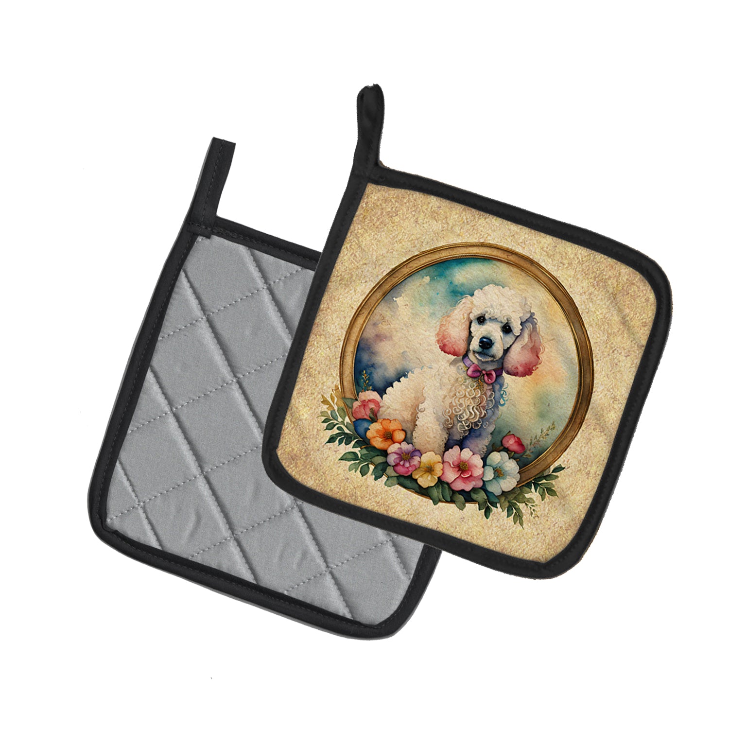 White Poodle and Flowers Pair of Pot Holders